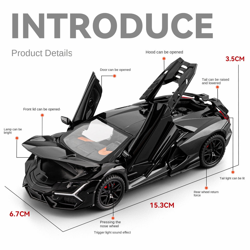 Modelo de juguete de aleación fundida a presión Chezhi a escala 1:32 compatible con Lamborghini Revuelto: puertas que se abren, sonido e iluminación, función de retroceso y alerón trasero ajustable - Colección de hipercoches híbridos