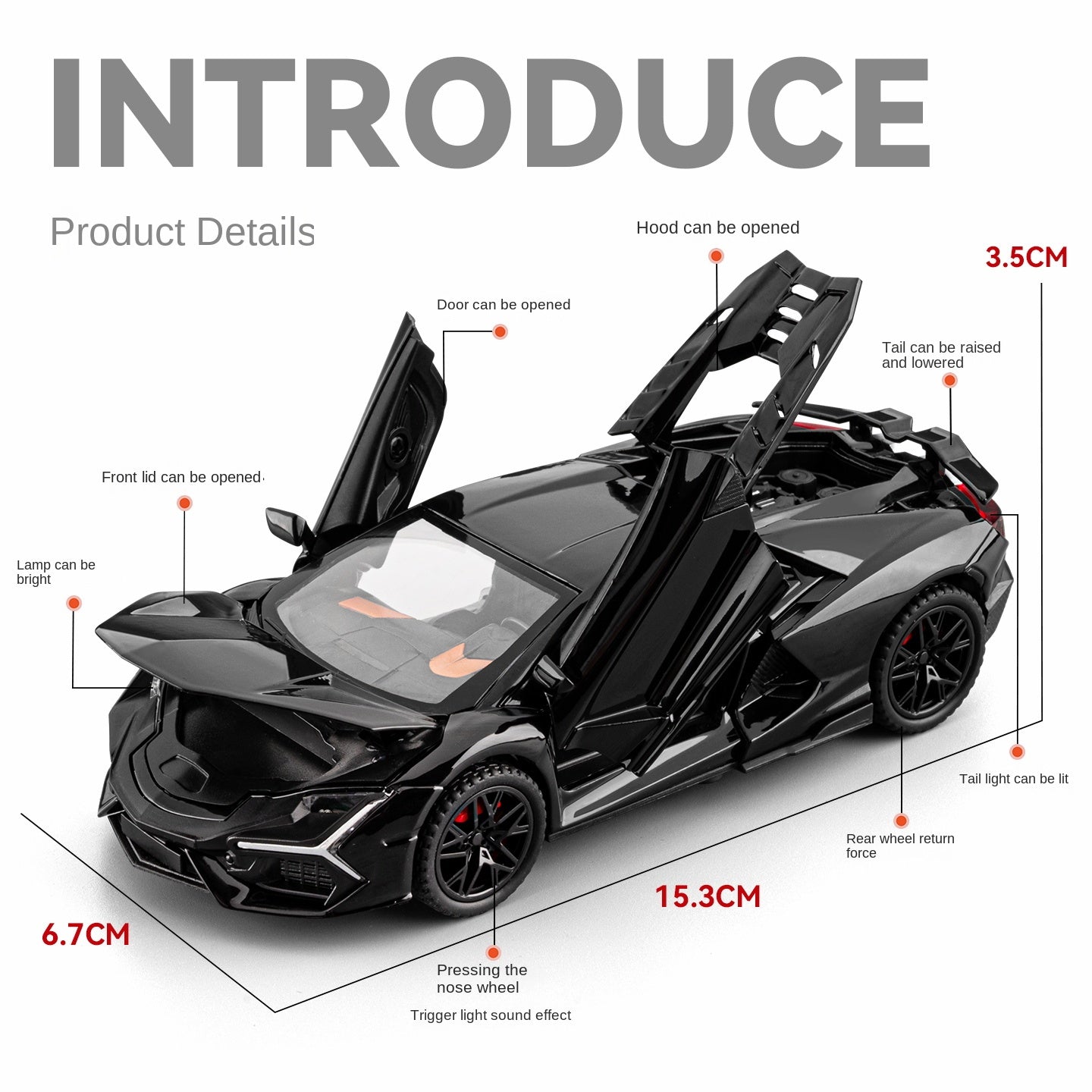 Modelo de juguete de aleación fundida a presión Chezhi a escala 1:32 compatible con Lamborghini Revuelto: puertas que se abren, sonido e iluminación, función de retroceso y alerón trasero ajustable - Colección de hipercoches híbridos