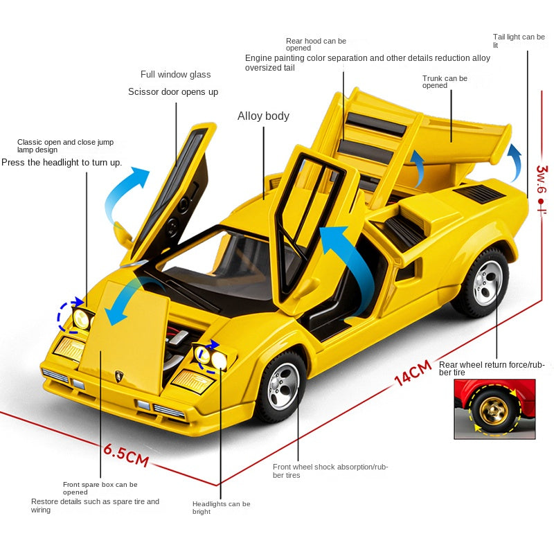 XHD 1:32 Scale Die-Cast Alloy Model Toy Compatible with Lamborghini Countach LP500 S - Pop-Up Headlights, Opening Doors, Sound & Light, Pull-Back Function & Shock Absorption - Classic Supercar Collection