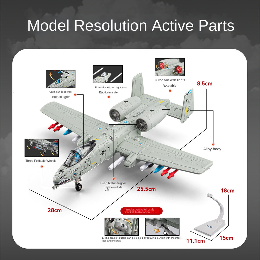 Modelo de avión de juguete Chezhi A-10 Thunderbolt II de aleación fundida a presión con soporte de exhibición - Misiles eyectables, sonido y luz - Colección de aviones militares
