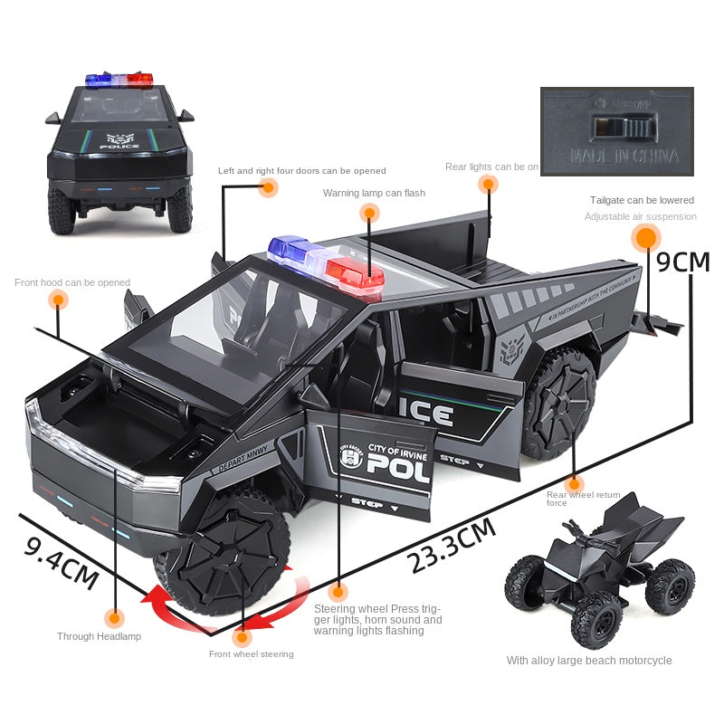 XHD 1:24 Tesla Cybertruck Police Model - Includes Mini Motorcycle, with Sound & Light, Opening Doors, Pull-Back, Shock Absorption & Steering