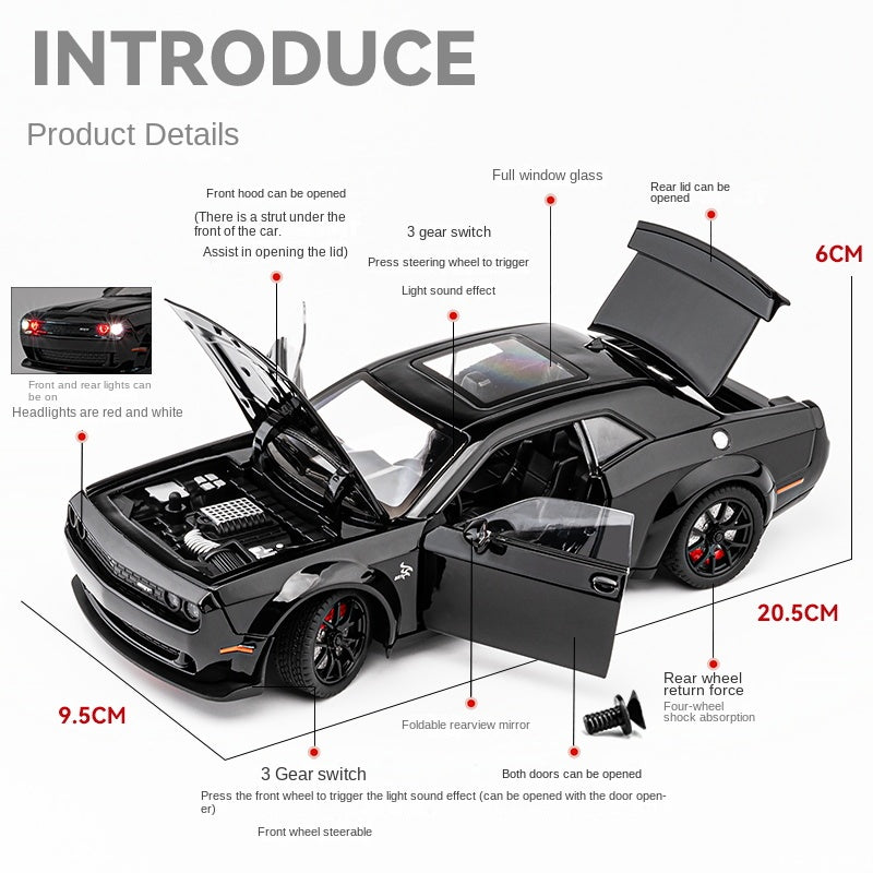 Chezhi 1:24 Scale Die-Cast Alloy Model Toy Compatible with Dodge Challenger Hellcat - Opening Doors, Sound & Light, Pull-Back Function, Shock Absorption, Steering, Horn & Foldable Mirrors - Muscle Car Collection
