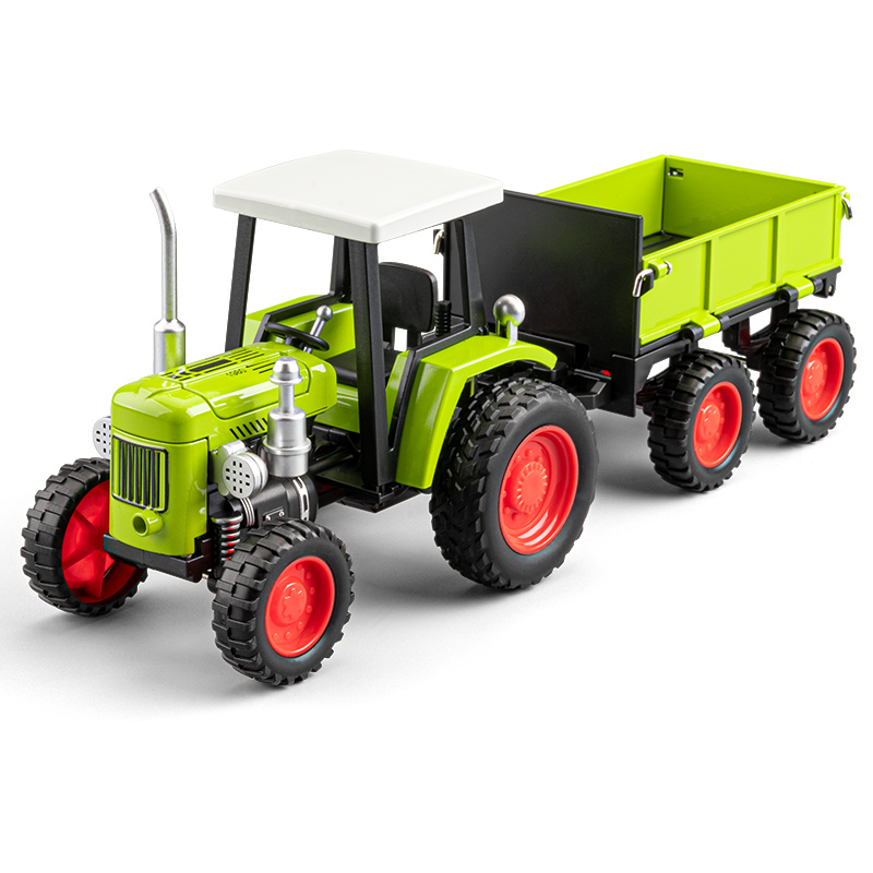 1:24 Die-Cast Alloy Tractor Model - Farm Vehicle with Simulated Starting Crank, Sound & Light, Pull-Back Action, Liftable Trailer & Lowerable Tailgate