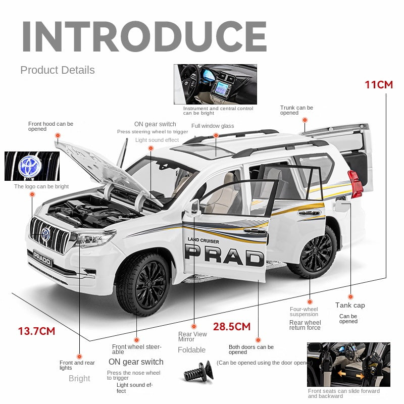 Chezhi 1:18 Licensed Toyota Land Cruiser Prado Die-Cast Alloy Model - Official Off-Road SUV with Opening Doors, Sound & Light, Pull-Back Action, Shock Absorption, Interactive Steering Wheel, Foldable Mirrors & Opening Fuel Cap