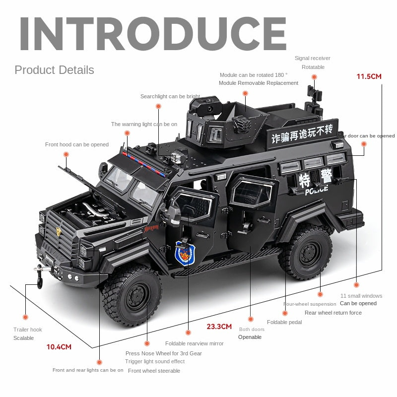 Chezhi 1:24 Scale Licensed Leopard Armored Riot Vehicle Die-Cast Alloy Model Toy - Retractable Winch, Folding Steps, Opening Doors, Sound & Light, Pull-Back Function, Shock Absorption & Steering - Law Enforcement Vehicle Collection