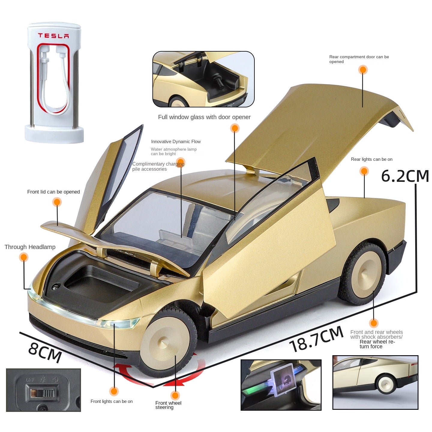 XHD 1:24 Scale Tesla Robotaxi Die-Cast Alloy Model Toy - Opening Doors, Sound & Light, Pull-Back Function, Shock Absorption & Steering - Autonomous Vehicle Collection