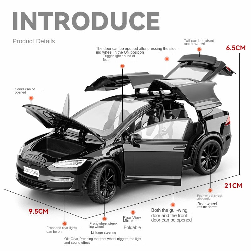 Chezhi 1:24 Die-Cast Alloy Model - Compatible with Tesla Model X - Feature-Packed with Interactive Steering Wheel, Foldable Mirrors, Adjustable Spoiler, Opening Doors, Realistic Sound & Light, Pull-Back Action & Shock Absorption - Tech Edition