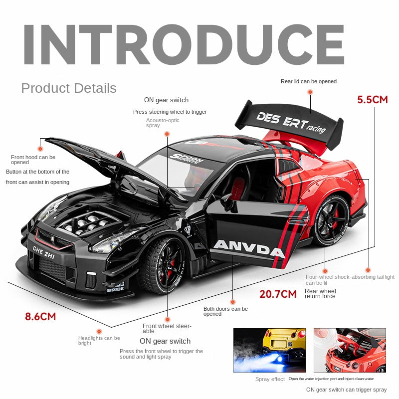 Chezhi 1:24 Die-Cast Alloy Model - Compatible with Nissan GT-R (R35) - Spray Edition JDM Supercar with Opening Doors, Sound & Light, Pull-Back Action, Shock Absorption & Steering
