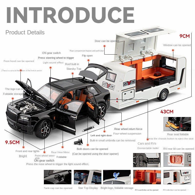 Chezhi 1:20 Die-Cast Alloy Model - Compatible with Rolls-Royce Cullinan & Bespoke Trailer - Luxury Caravan Set with Opening Doors, Sound & Light, Pull-Back Action, Shock Absorption & Steering