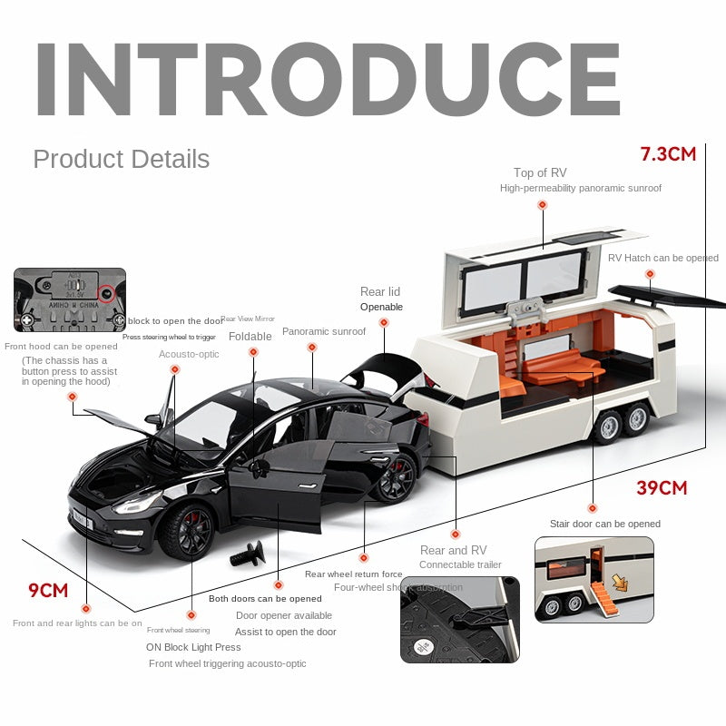 Chezhi 1:24 Die-Cast Alloy Model - Compatible with Tesla Model 3 & Travel Trailer - Electric Vehicle Caravan Set with Opening Doors, Sound & Light, Pull-Back Action, Shock Absorption & Steering
