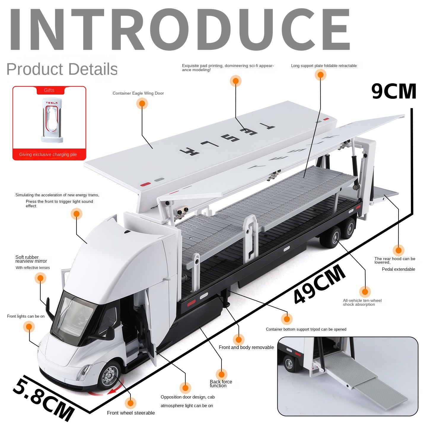 XHD 1:32 Scale Die-Cast Alloy Model Toy - Tesla Semi Double-Deck Container Transport Truck with Opening Doors, Sound & Light, Pull-Back Function & Shock Absorption - Electric Commercial Vehicle Collection