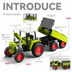 1:24 Die-Cast Alloy Tractor Model - Farm Vehicle with Simulated Starting Crank, Sound & Light, Pull-Back Action, Liftable Trailer & Lowerable Tailgate