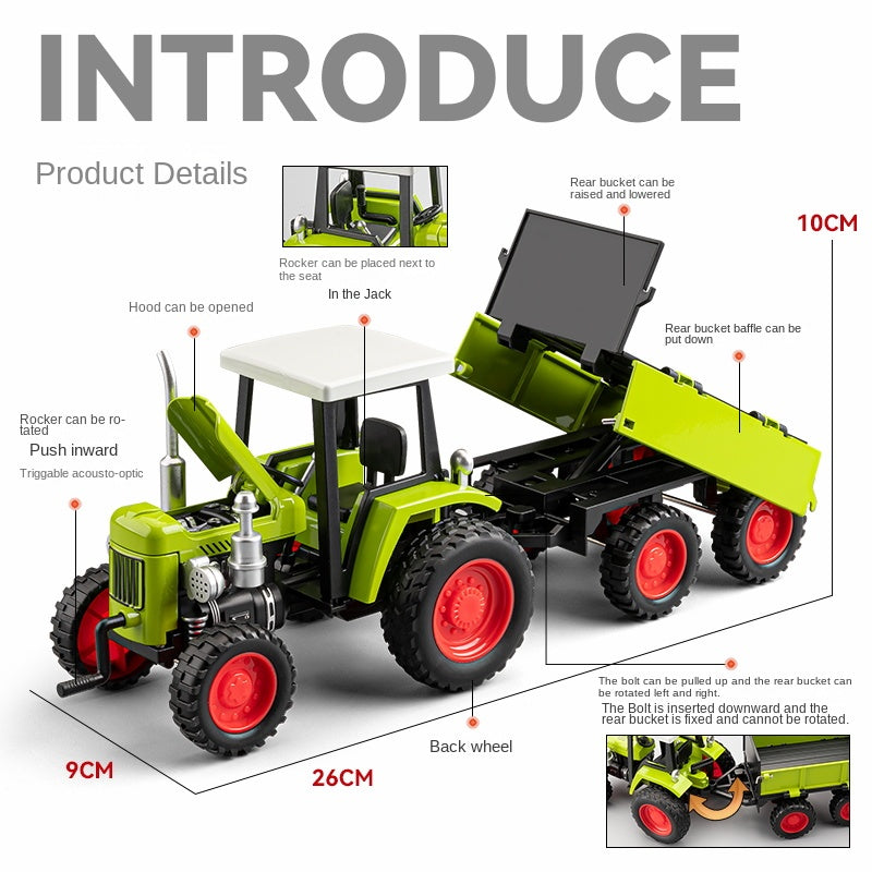 1:24 Die-Cast Alloy Tractor Model - Farm Vehicle with Simulated Starting Crank, Sound & Light, Pull-Back Action, Liftable Trailer & Lowerable Tailgate