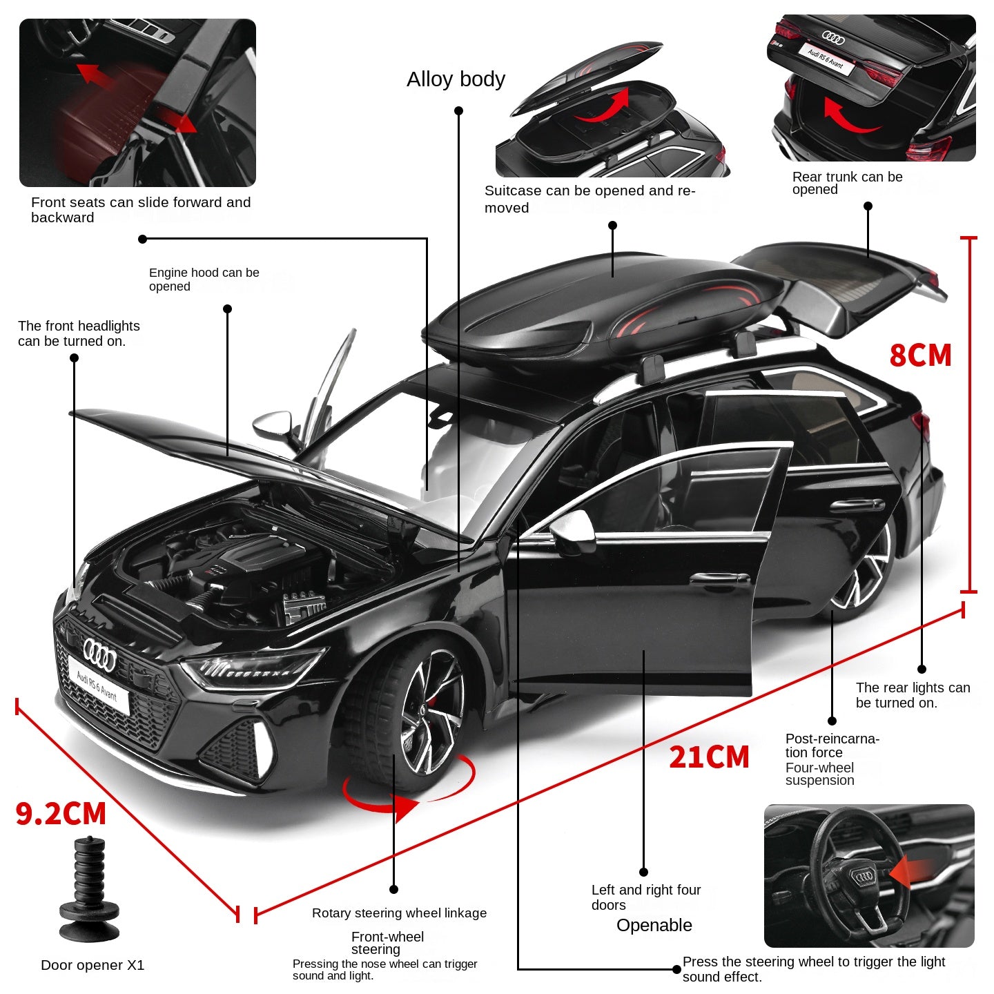 Black Mamba 1:24 Scale Licensed Audi RS6 Avant Die-Cast Alloy Model Car with Opening Doors & Hatches, Pull-Back, Shock Absorption, Steering Linkage, Sound & Light Effects – Collectible Hobby Grade Toy