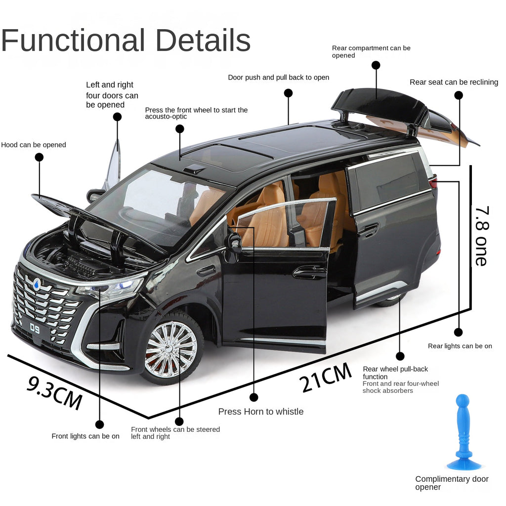 Juguete modelo ZGTX de aleación fundida a presión a escala 1:24 compatible con Denza D9: puertas que se abren, sonido e iluminación, función de retroceso, amortiguación, dirección y bocina. Colección de monovolúmenes de lujo.