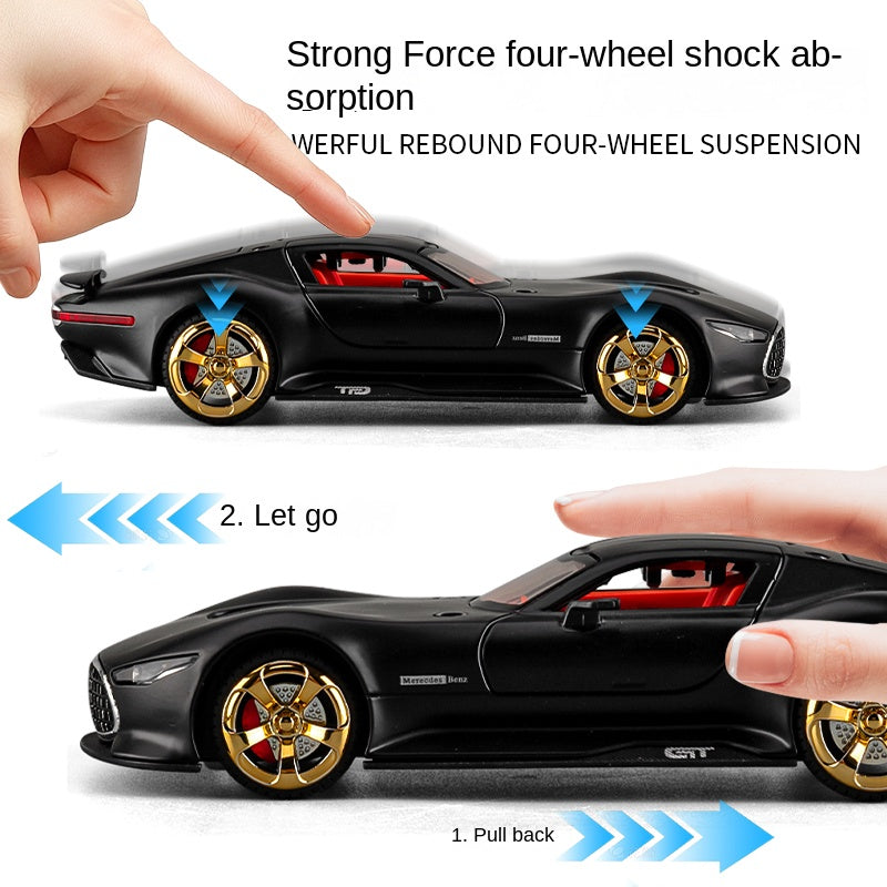 Mercedes-AMG Vision Gran Turismo a escala 1:32 XHD, modelo de aleación fundida a presión: puertas que se abren, sonido e iluminación, función de retroceso, amortiguación y alerón trasero ajustable. Colección de prototipos.