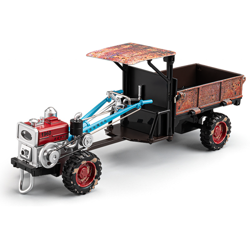 1:24 Die-Cast Alloy Walk-Behind Tractor Model - Walking Tractor with Simulated Starting Crank, Sound & Light, Pull-Back Action, Steering, Liftable Trailer & Lowerable Tailgate
