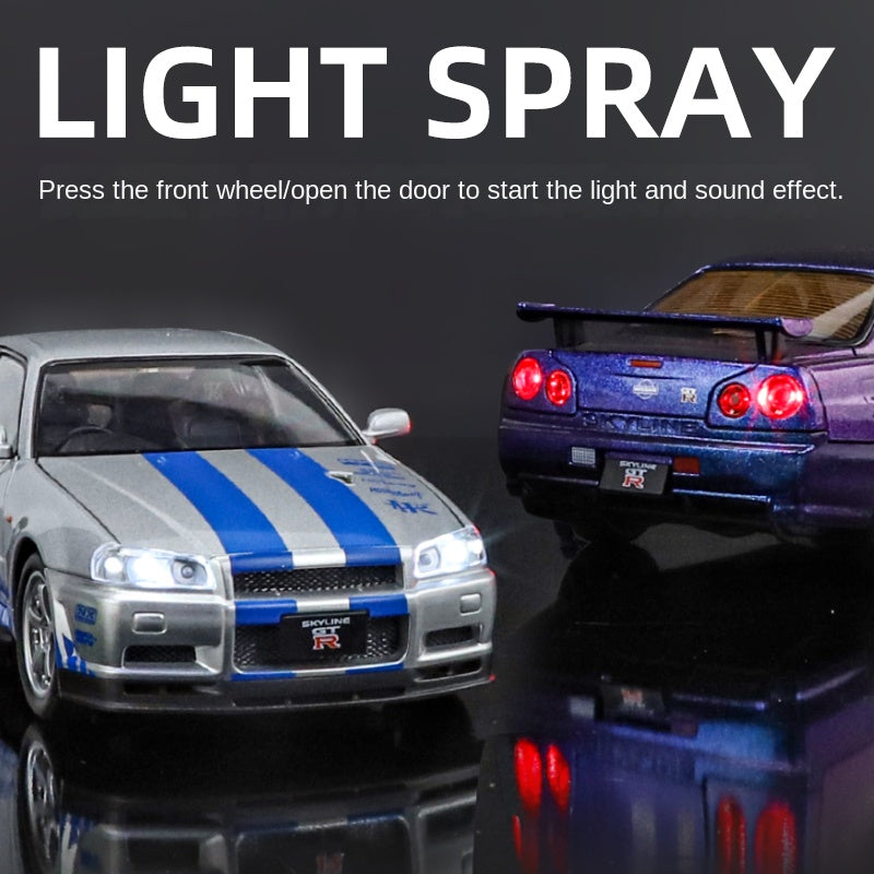 Jinglifang 1:24 Scale Die-Cast Alloy Model Toy Compatible with Nissan Skyline GT-R R34 - Opening Doors, Sound & Light, Pull-Back Function, Shock Absorption & Steering - JDM Sports Car Collection