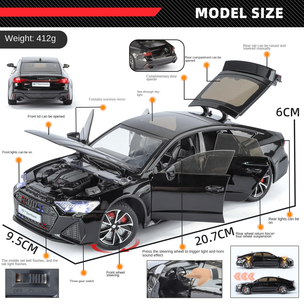 HaoChi 1:24 Scale Licensed Audi RS7 with Grille Flashing Lights Die-Cast Alloy Model Toy - Opening Doors, Sound & Light, Pull-Back Function, Shock Absorption, Steering, Horn & Adjustable Rear Wing - Sports Car Collection