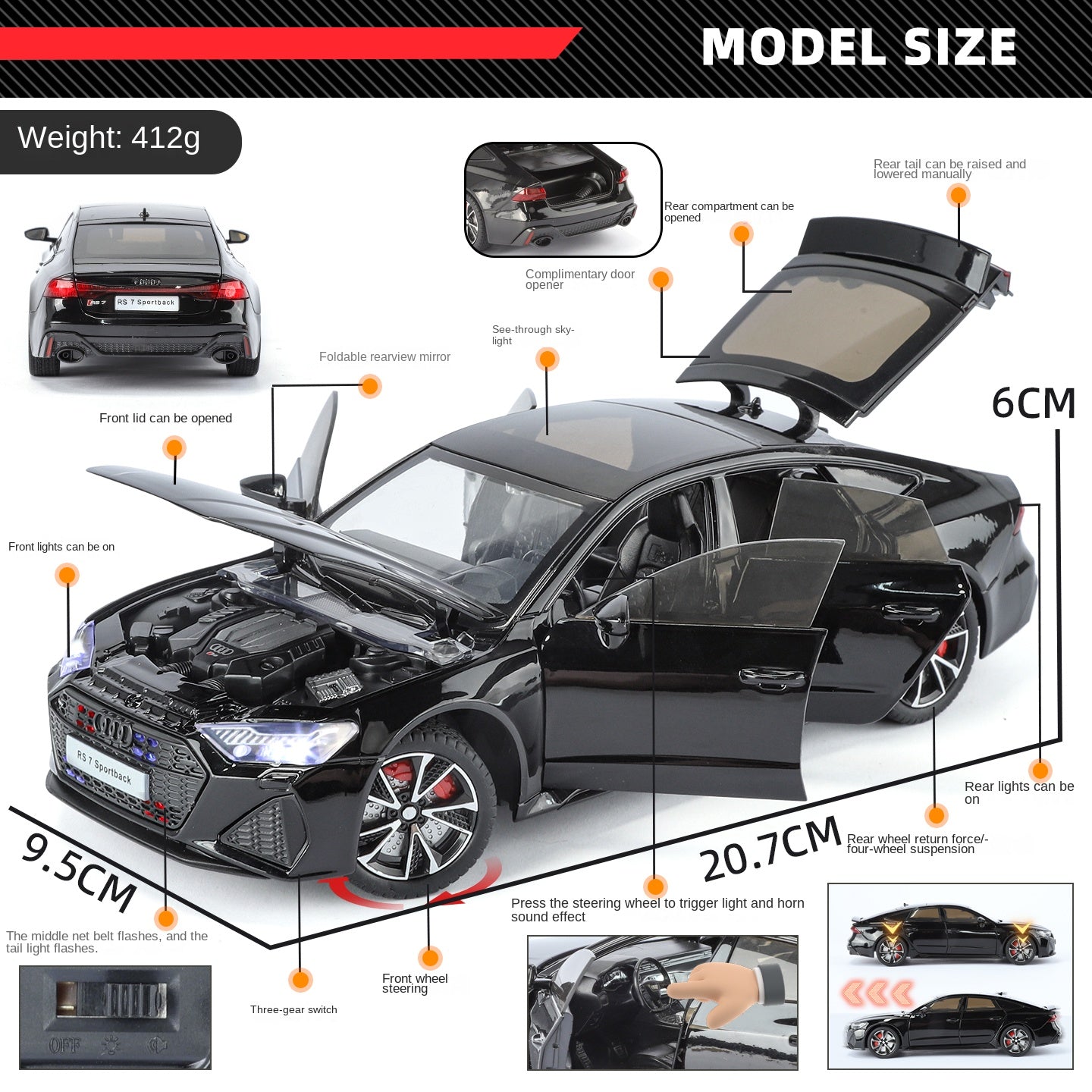 HaoChi 1:24 Scale Licensed Audi RS7 with Grille Flashing Lights Die-Cast Alloy Model Toy - Opening Doors, Sound & Light, Pull-Back Function, Shock Absorption, Steering, Horn & Adjustable Rear Wing - Sports Car Collection