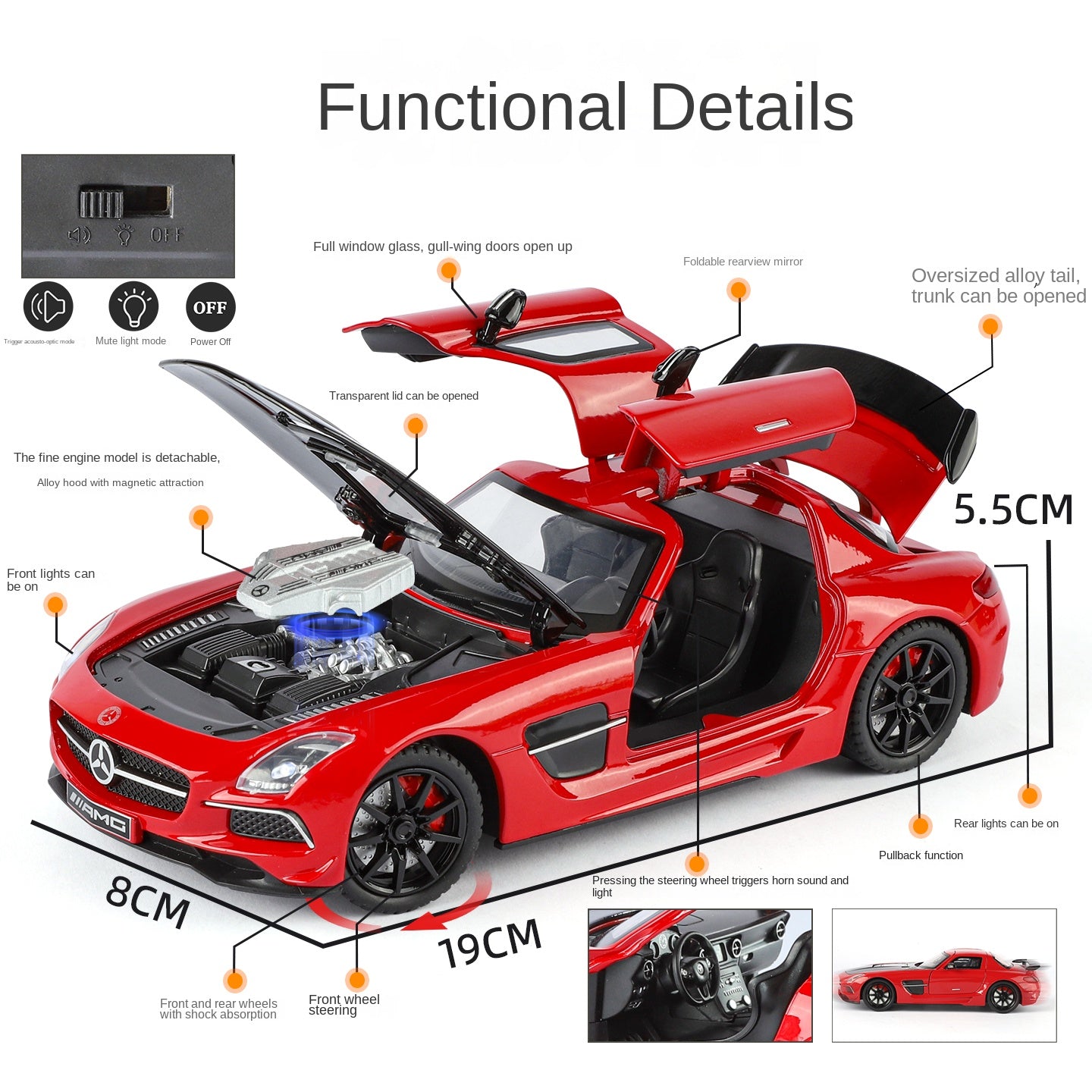 Juguete modelo de aleación fundida a presión XHD a escala 1:24 compatible con Mercedes-Benz SLS AMG: puertas que se abren, sonido e iluminación, función de retroceso, amortiguación, dirección, bocina y espejos plegables - Colección de superdeportivos