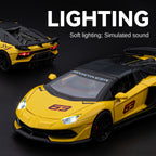 Maqueta de juguete Chezhi a escala 1:32 de aleación fundida a presión compatible con Lamborghini Aventador SVJ63: techo desmontable, puertas que se abren, sonido e iluminación, función de retroceso. Colección de superdeportivos de edición limitada.