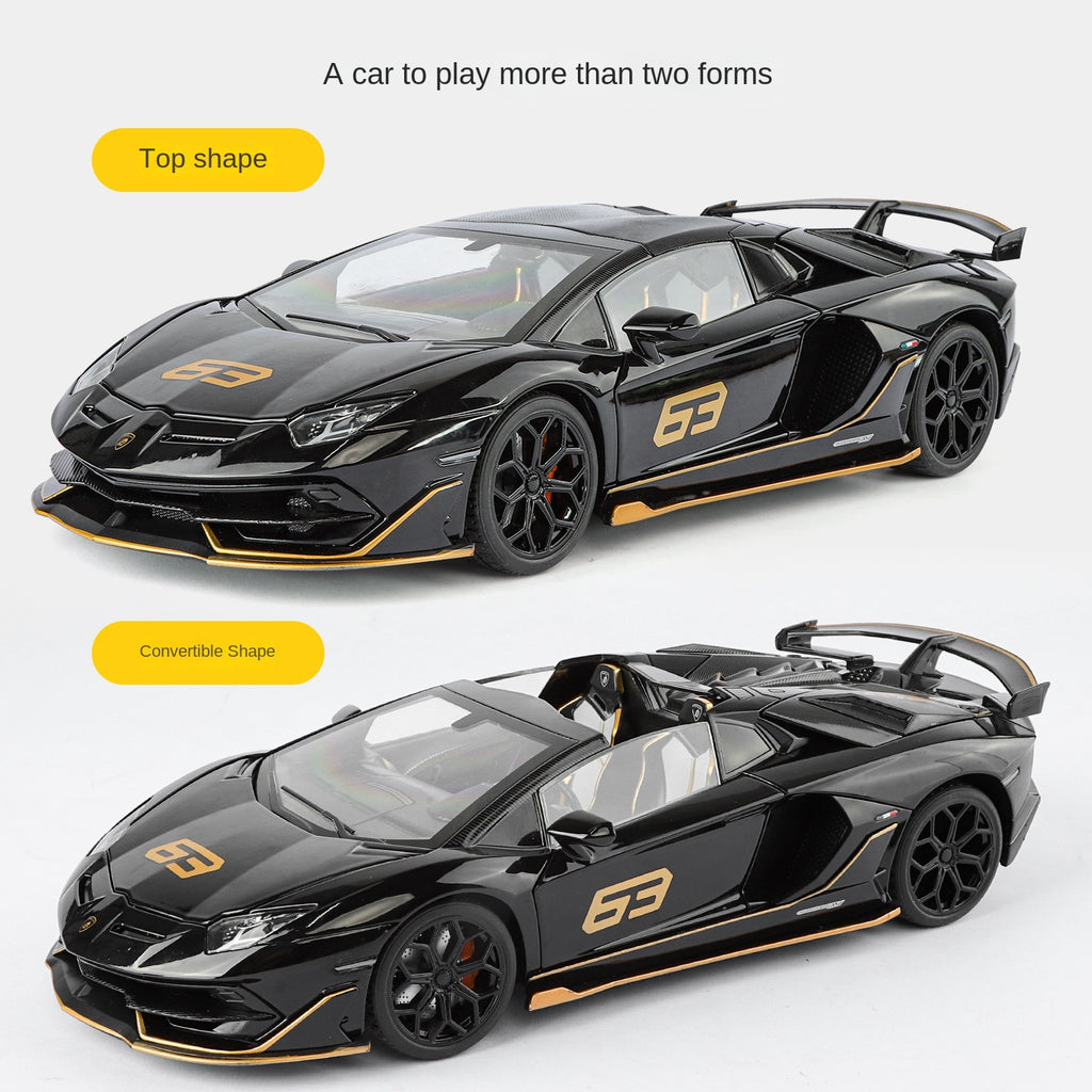 Lamborghini Aventador SVJ63 Black Mamba a escala 1:18, modelo de aleación fundida a presión con licencia: techo desmontable, puertas que se abren, sonido e iluminación, amortiguación, dirección y bocina. Colección de superdeportivos de edición limitada.