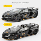 Lamborghini Aventador SVJ63 Black Mamba a escala 1:18, modelo de aleación fundida a presión con licencia: techo desmontable, puertas que se abren, sonido e iluminación, amortiguación, dirección y bocina. Colección de superdeportivos de edición limitada.