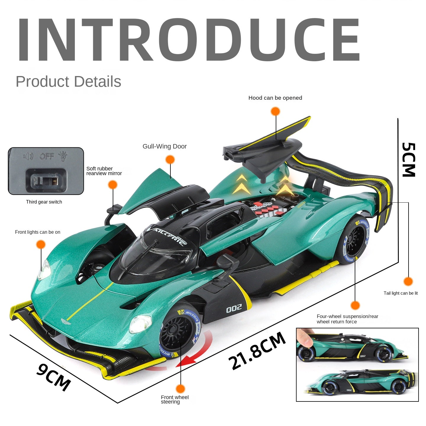 Maqueta de juguete de aleación fundida a presión Jinglifang a escala 1:24 compatible con Aston Martin Valkyrie: puertas que se abren, sonido e iluminación, función de retroceso, amortiguación y dirección - Colección Hypercar