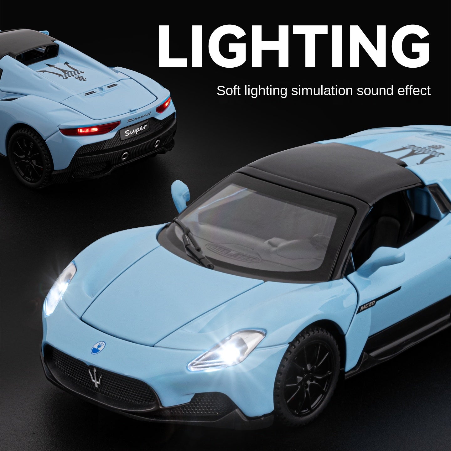 Maqueta de juguete Chezhi a escala 1:32 de aleación fundida a presión compatible con Maserati MC20: techo rígido retráctil, puertas que se abren, sonido e iluminación, función de retroceso - Colección de superdeportivos italianos