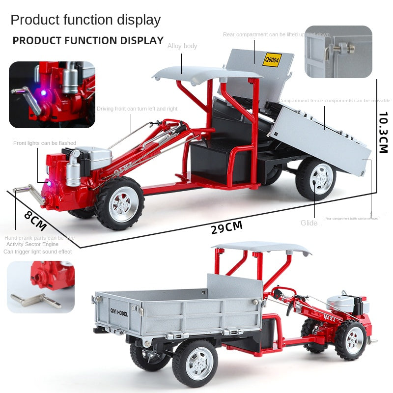 QiYi 1:16 Die-Cast Walk-Behind Tractor Model - Retro Farm Vehicle with Simulated Starting Crank, Coasting Action, Sound & Light, Steering, Liftable Trailer & Removable Tailgate