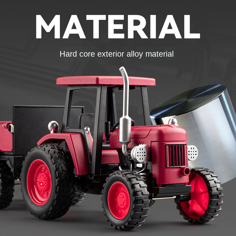 1:24 Die-Cast Alloy Tractor Model - Farm Vehicle with Simulated Starting Crank, Sound & Light, Pull-Back Action, Liftable Trailer & Lowerable Tailgate