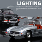 XHD 1:24 Die-Cast Alloy Model - Compatible with Mercedes-Benz 300SL Gullwing - Classic Icon with Opening Doors, Sound & Light, Pull-Back Action, Shock Absorption & Steering