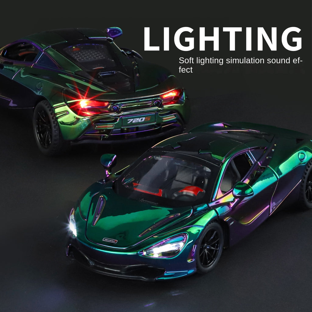 Jin Lifang 1:32 Chrome Edition Die-Cast Alloy Model - Compatible with McLaren 720S Supercar - Feature-Packed with Realistic Sound & Light, Pull-Back Action & Adjustable Rear Wing
