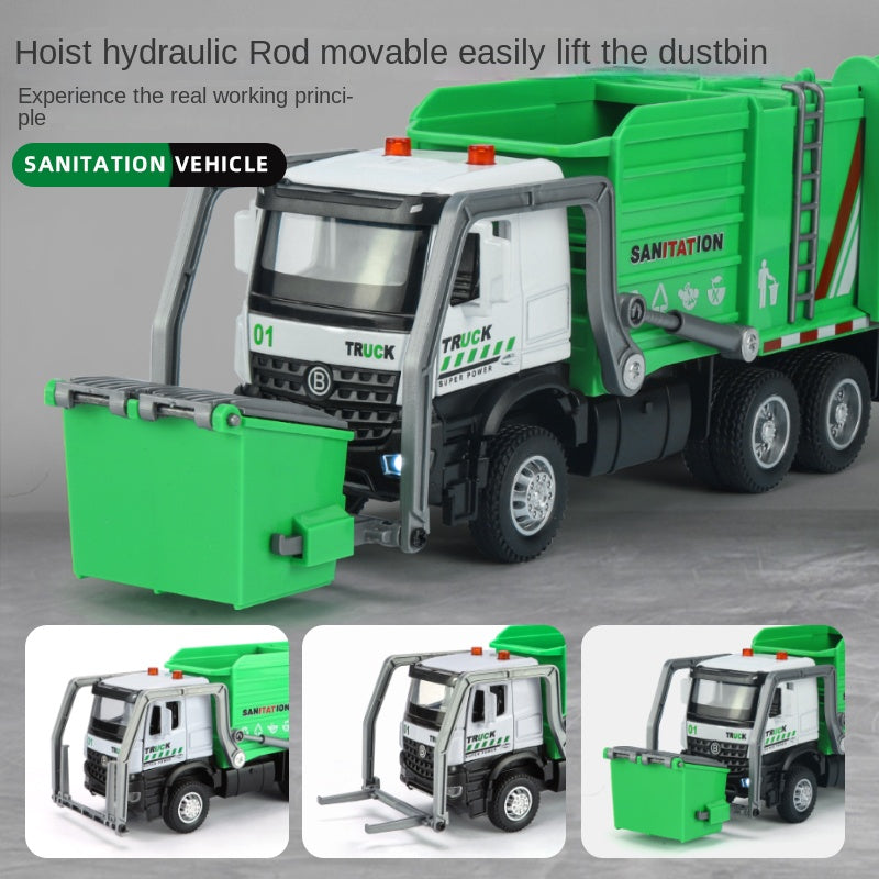 XHD 1:35 Scale City Sanitation Truck Die-Cast Alloy Model Toy with Mini Garbage Bins - Opening Doors, Sound & Light, Pull-Back Function - Municipal Vehicle Collection