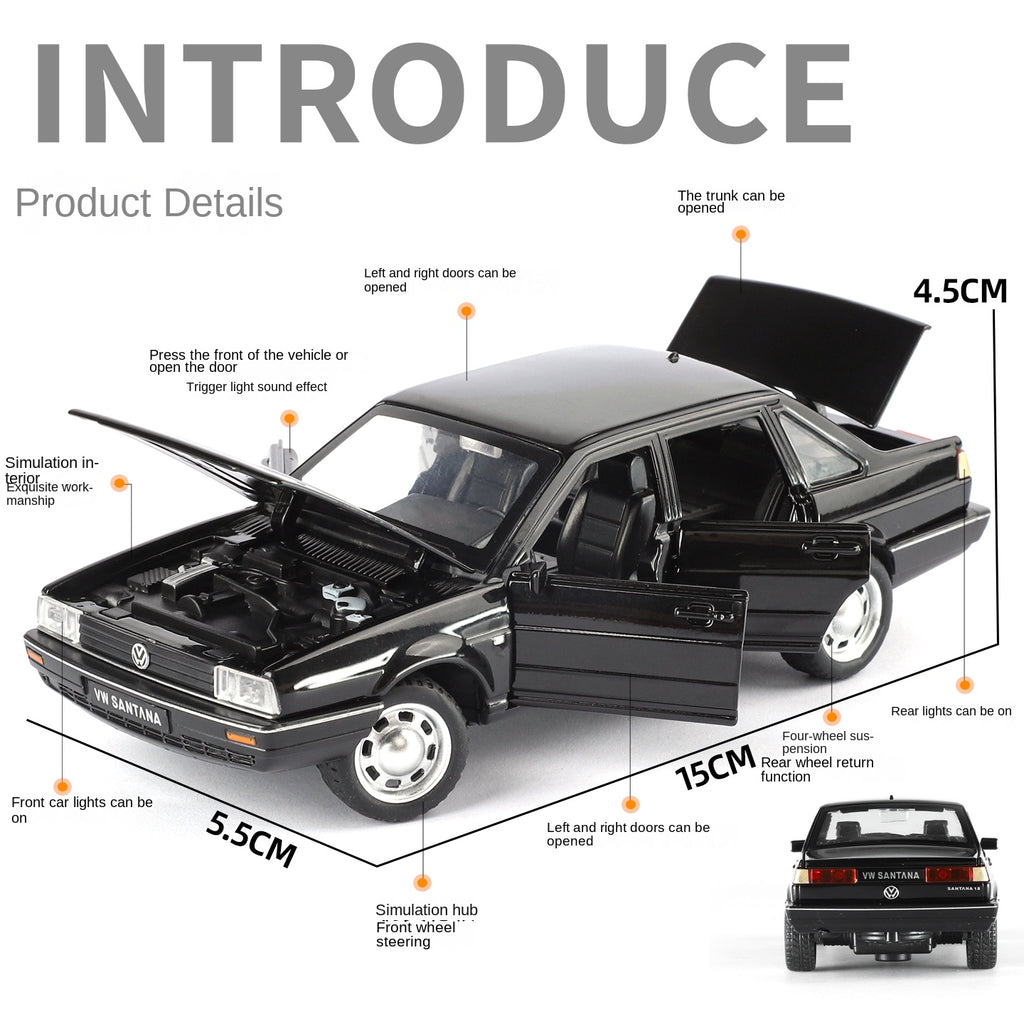 XHD 1:32 Volkswagen Santana Classic Sedan Model - with Opening Doors, Sound & Light, Pull-Back Action & Shock Absorption