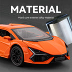 Modelo de juguete de aleación fundida a presión Chezhi a escala 1:32 compatible con Lamborghini Revuelto: puertas que se abren, sonido e iluminación, función de retroceso y alerón trasero ajustable - Colección de hipercoches híbridos