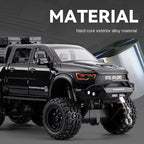 Chezhi 1:24 Die-Cast Alloy Model - Compatible with Dodge Ram Mammoth - Off-Road Pickup Truck with Truck Bed, Roof Rack & Tools, Opening Doors, Sound & Light, Pull-Back, Shock Absorption, Winch & Foldable Mirrors