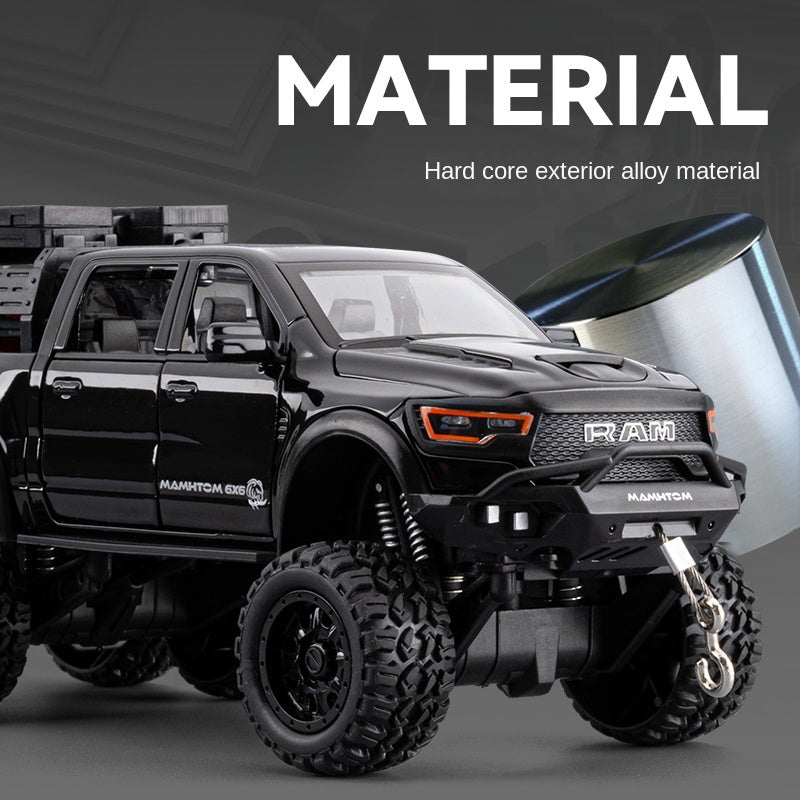 Chezhi 1:24 Die-Cast Alloy Model - Compatible with Dodge Ram Mammoth - Off-Road Pickup Truck with Truck Bed, Roof Rack & Tools, Opening Doors, Sound & Light, Pull-Back, Shock Absorption, Winch & Foldable Mirrors