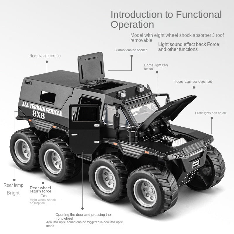 MINIAUTO 1:32 Scale Die-Cast Alloy Model Toy Compatible with Conqueror Shaman 8x8 - Opening Doors, Sound & Light, Pull-Back Function & Shock Absorption - Extreme Off-Road Collection