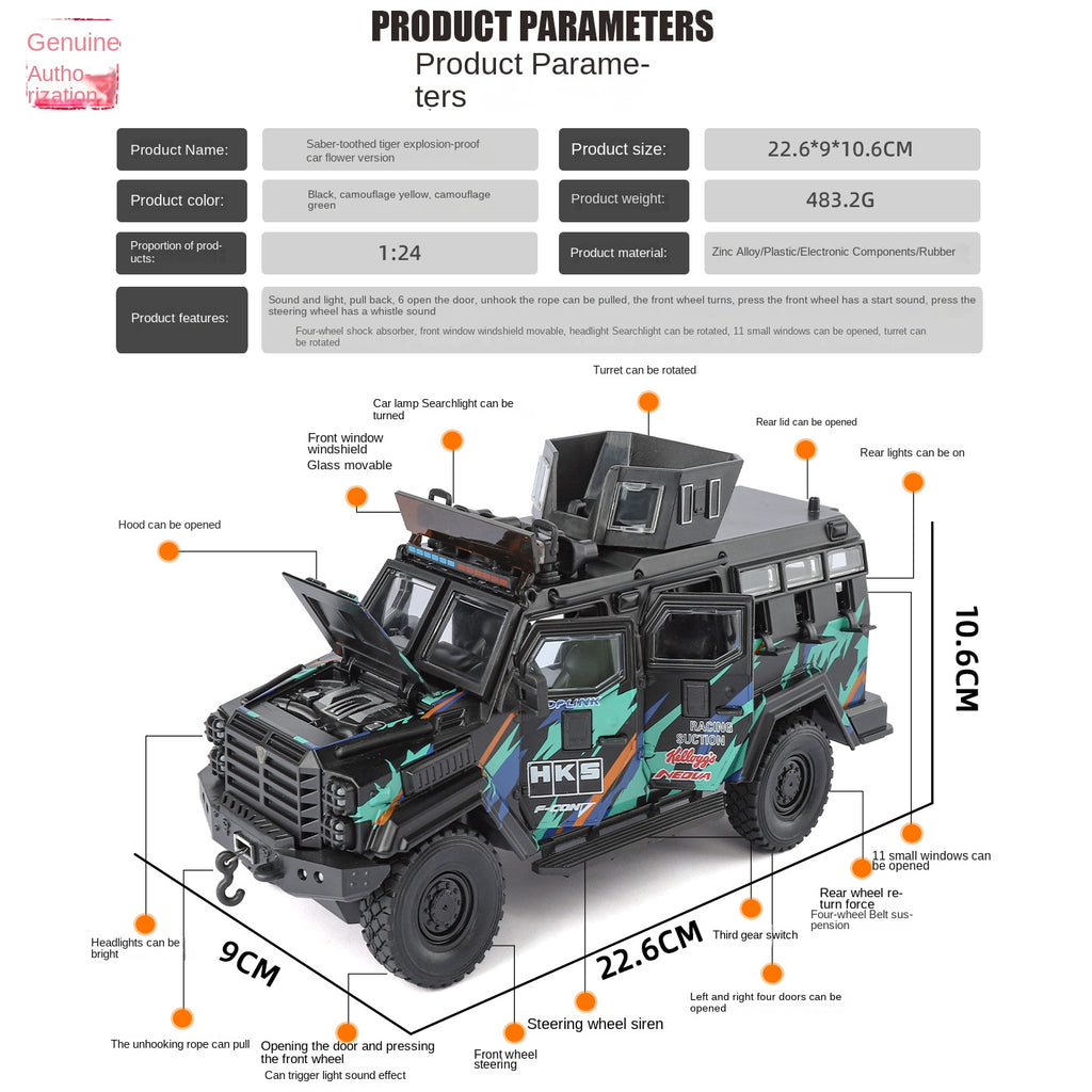 Jinglifang 1:24 Scale Licensed Leopard Armored Riot Vehicle Livery Edition Die-Cast Alloy Model Toy - Opening Doors, Sound & Light, Pull-Back Function, Shock Absorption, Steering & Horn - Law Enforcement Vehicle Collection