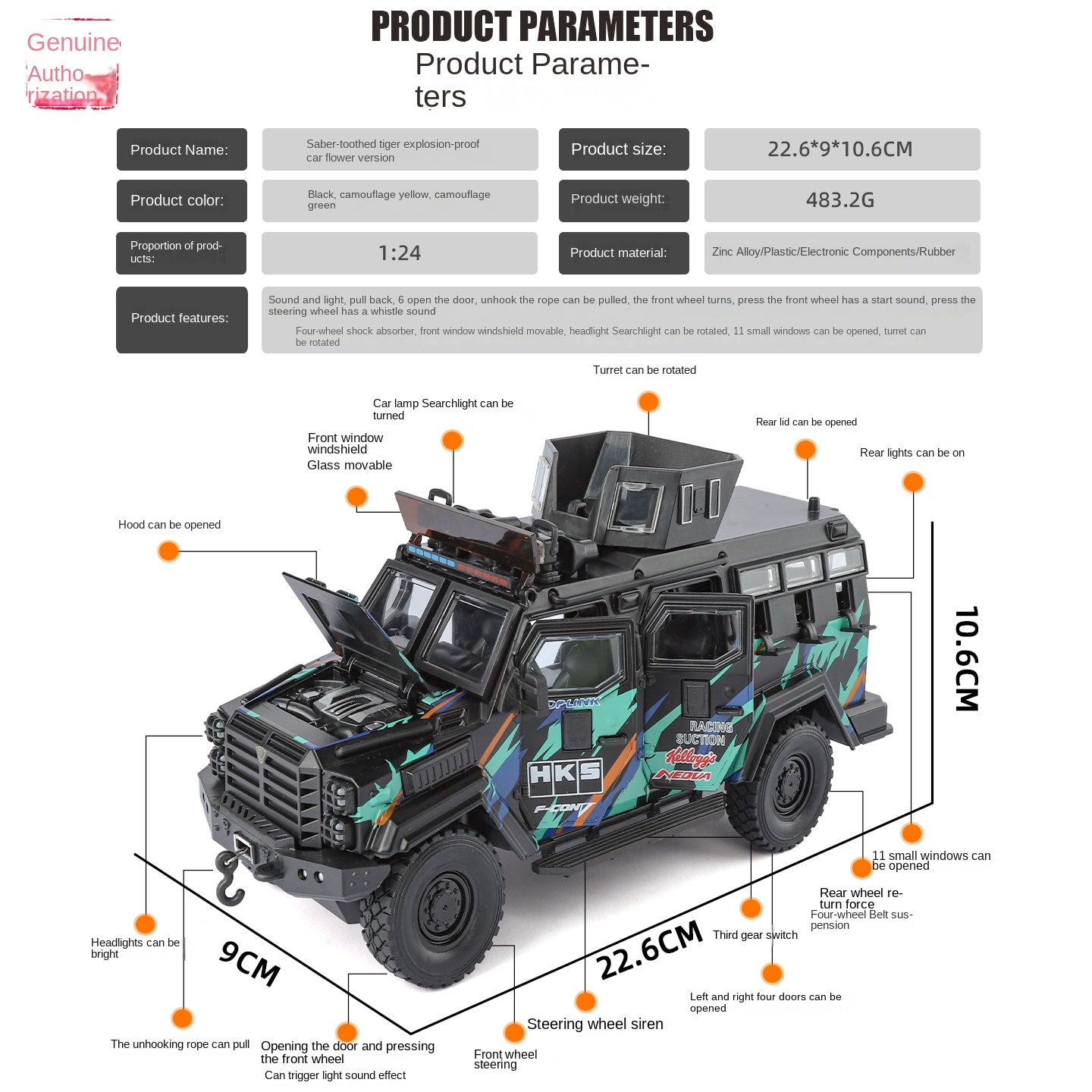 Jinglifang 1:24 Scale Licensed Leopard Armored Riot Vehicle Livery Edition Die-Cast Alloy Model Toy - Opening Doors, Sound & Light, Pull-Back Function, Shock Absorption, Steering & Horn - Law Enforcement Vehicle Collection