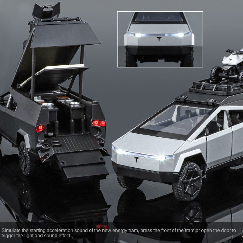 XHD 1:32 Die-Cast Alloy Model - Compatible with Tesla Cybertruck Camper - Off-Grid Camping Set with Mini Motorcycle, Opening Doors, Sound & Light, Pull-Back Action & Shock Absorption