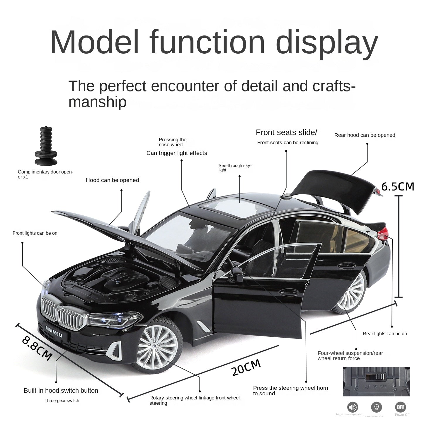 Black Mamba 1:24 Scale Licensed BMW 530Li Die-Cast Alloy Model Toy - Opening Doors, Sound & Light, Pull-Back Function, Shock Absorption, Steering, Horn & Adjustable Seats - Luxury Sedan Collection