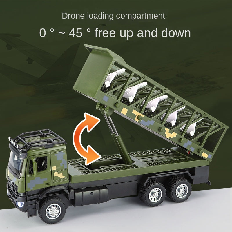 XHD 1:35 Scale UAV Launch Vehicle Die-Cast Alloy Model Toy - Elevating Drone Loading Compartment, Ejectable Drone, Opening Doors, Sound & Light, Pull-Back Function - Military Tech Collection