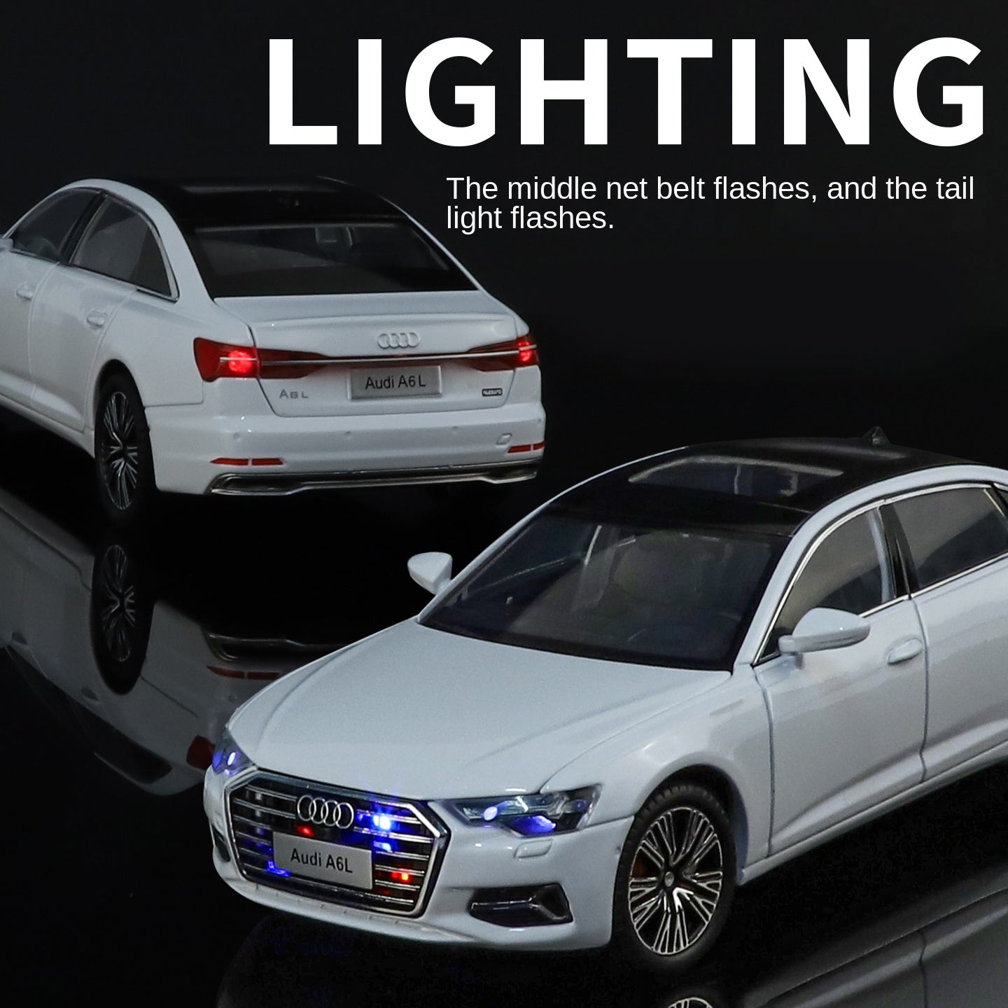 Audi A6L con licencia HaoChi a escala 1:24, modelo de aleación fundida a presión con parrilla y luces intermitentes. Puertas que se abren, sonido e iluminación, función de retroceso, amortiguación, dirección y bocina. Colección de sedanes de lujo.