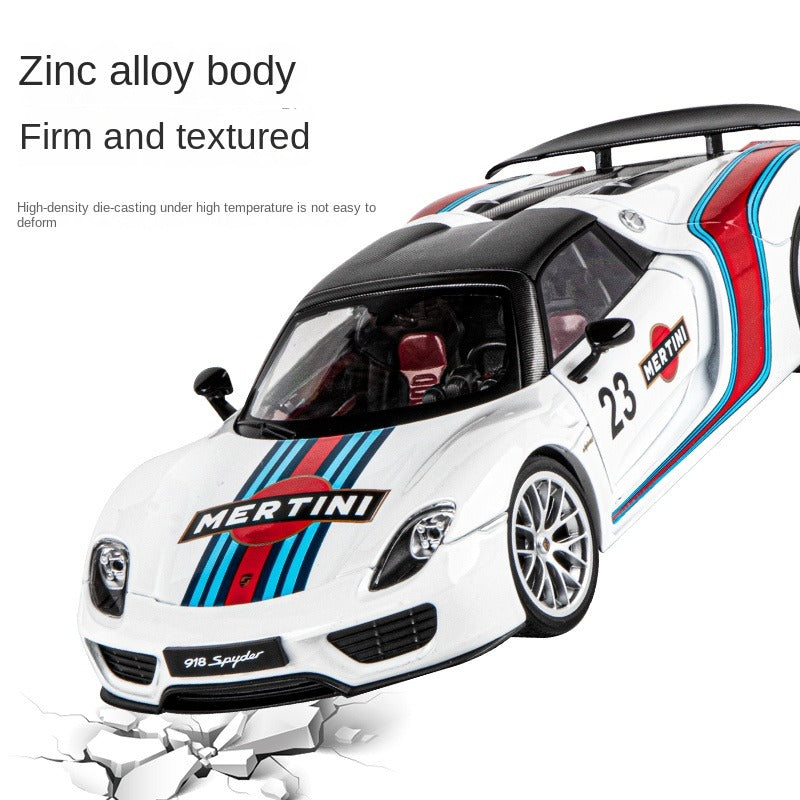 OK 1:18 Scale Die-Cast Alloy Model Toy Compatible with Porsche 918 Martini Racing Edition - Removable Roof, Opening Doors, Sound & Light, Shock Absorption, Steering, Horn & Adjustable Rear Wing - Hybrid Hypercar Collection