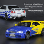 Chimei 1:32 Scale Die-Cast Alloy Model Toy Compatible with Nissan Skyline GT-R R34 - Opening Doors, Sound & Light, Pull-Back Function & Shock Absorption - JDM Sports Car Collection