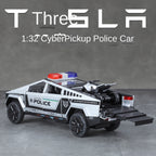 Tesla Cybertruck Police Edition - Maqueta de juguete de aleación fundida a presión a escala 1:32 XHD con motocicleta de juguete: puertas que se abren, sonido e iluminación, función de retroceso y amortiguación - Colección de vehículos policiales