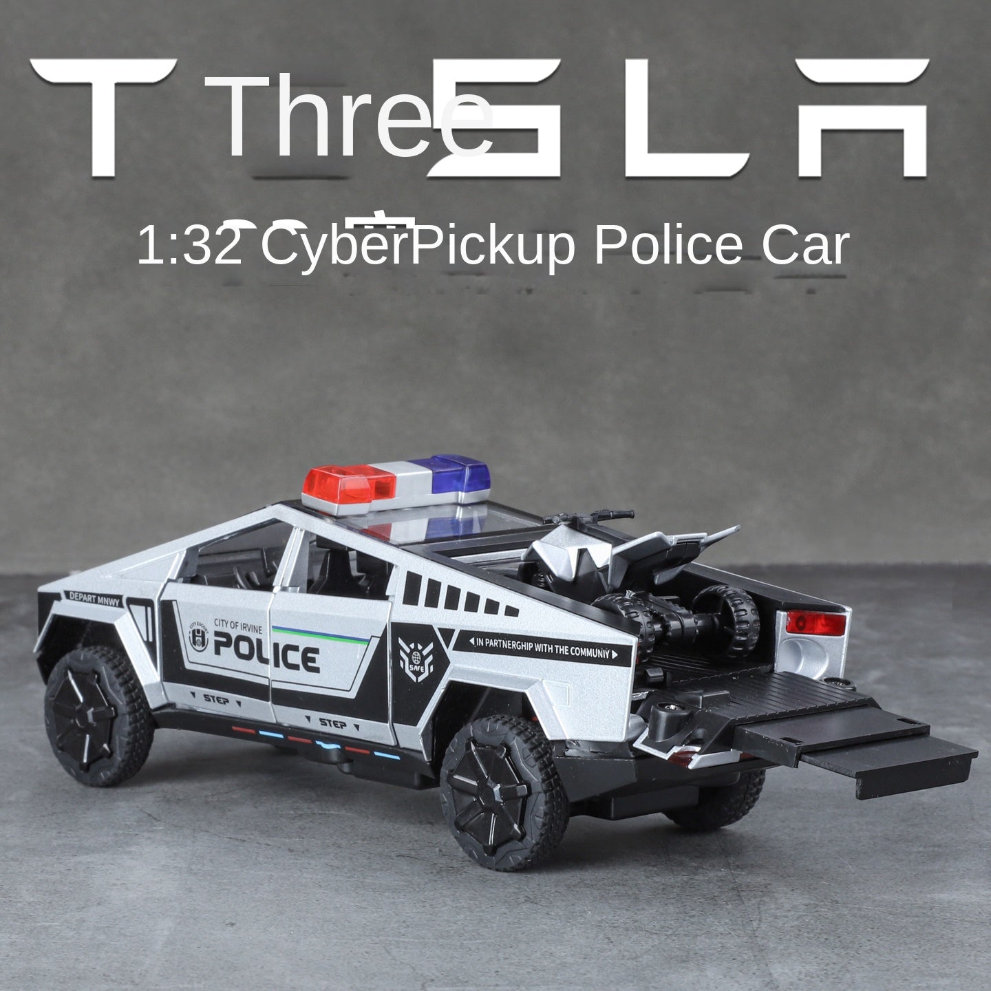 Tesla Cybertruck Police Edition - Maqueta de juguete de aleación fundida a presión a escala 1:32 XHD con motocicleta de juguete: puertas que se abren, sonido e iluminación, función de retroceso y amortiguación - Colección de vehículos policiales